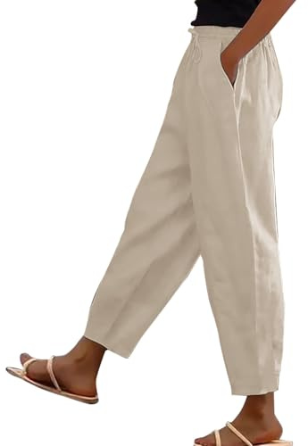 Pantalon en Coton et Lin Pour Femme - Taille Haute Élastique Avec Poches et Boutons Latéraux - Neuf Points Ample Décontracté, Grande Taille 52 54 56 Fourré