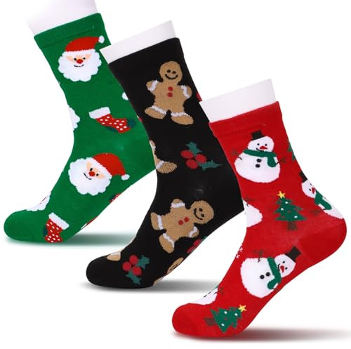 3 Paires Chaussettes Noël Femme Motif Père Noël Bonhomme de Neige - Chaussettes Hiver Elastiques en Coton - Cadeaux