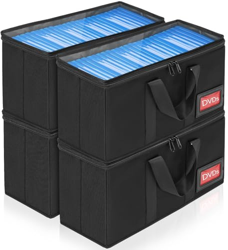 IPEB Caja de almacenamiento de CD y DVD con asa, bolsa de almacenamiento para CD/DVD con tapa transparente (4 unidades), color negro