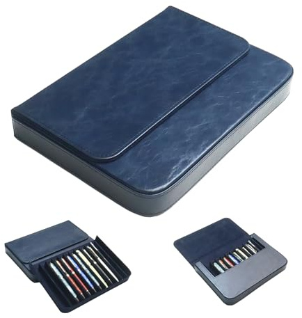 YUKAM Leather 12 Fountain Pen/Pencil Tray Case Organizer, Fashion Design, Handmade, Magnetic Closure with Drawer, Man/Woman/Office, 12 Slots（blue