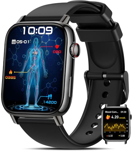 BANLVS Smartwatch Uomo con 𝐆𝐥𝐢𝐜𝐞𝐦𝐢𝐚/𝐇𝐑𝐕/𝐄𝐂𝐆, 1,83 Orologio Fitness con Chiamate, 24H Cardiofrequenzimetro SpO2, Sonno, 150+ Sport, Notifiche Messaggi, IP68 Android iOS Nero