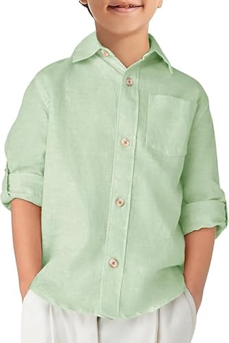 Haloumoning Camisa de Manga Larga para Niños de Algodón, Camisetas Infantiles de un Solo Color, Fácil de Planchar, con Botón, Estilo Casual, con Bolsillo en el Pecho, verde claro, 13-14 años