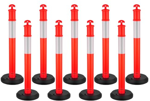 VEVOR Poteau de Signalisation 9PCs 114 cm, Balise de Délimitation avec Base Remplissable et Bandes Réfléchissantes, Délinéateur de Circulation pour Contrôle des Foules, Chantier Parking, Rouge