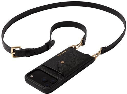 Bandolier Hailey Crossbody Wallet Phone Case for iPhone 17. 100% Genuine Pebble Leather with Gold Hardware. Adjustable & Removable Strap. Expandable Flip Card Holder. Black with Gold Hardware