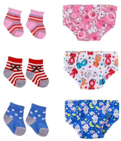 6 Pcs Baby Doll Accessories Set 3 Doll Diapers 3 Doll Socks for Baby Dolls 35-43 cm Cute Doll Accessories, Reusable Doll Diaper Socks for 14-17 Dolls, 3 Different Patterns Styles, Children Gifts
