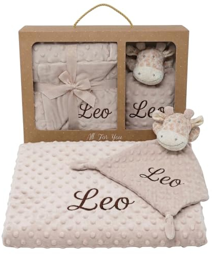 SticTag Pack Manta Bebé Personalizada con Nombre Bordado con Doudou Regalo Personalizado Bebe Recién Nacido Niño Niña 110x80 cm Dou Dou 25x25 cm Baby Shower (Beige)