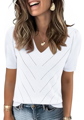 Rapbin Pull à manches courtes bouffantes pour femme - Col en V - Vêtement d'été décontracté - Pull de travail