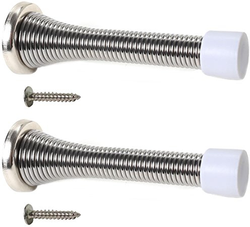 2X Wall Mounted Chrome Spring Door Stops - Skirting Board Sprung Stoppers