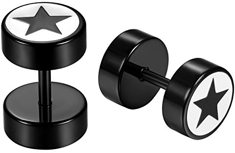 JewelryWe Schmuck Herren Ohrringe, Edelstahl Stern Pentagramm Fakeplugs Fake Plug Tunnel Ohrstecker Ohr Piercing, Schwarz Weiß