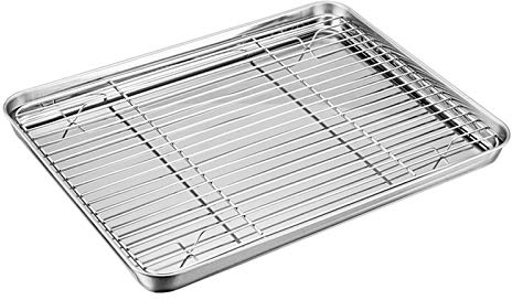 TEAMFAR Backblech mit Abkühlgitter, Edelstahl Backform Ofenschale und kuchengitter Auskühlgitter, 31,6x24,6x2,5cm, Gesund & ungiftig, Leicht zu reinigen und spülmaschinenfest