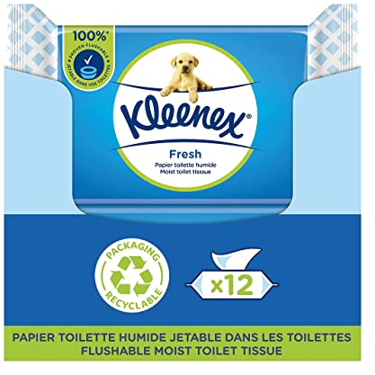 KLEENEX Fresh - Carta igienica umida (12 confezioni da 42 fogli), usa e getta in bagno, 100% fibre naturali, senza plastica, senza profumo, senza alcool