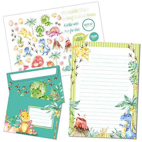 Papierdrachen Briefblock Set - 50 bunt bedruckte Briefbögen - Briefpapier mit Stickerbogen - 20 bedruckte Umschläge - Geschenkidee für Kinder - Dinosaurier