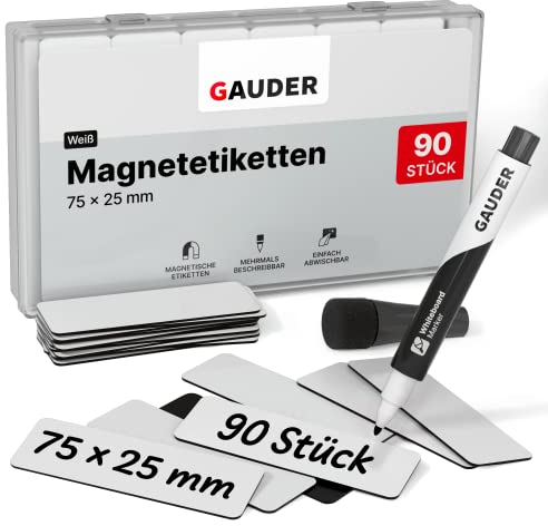 GAUDER Magnetetiketten beschreibbar - Wiederverwendbare Magnetschilder zum Beschriften für Whiteboard, Tafel, Kanban-Board und Kühlschrank - Magnetkarten mit Marker (90 Stück - 75 x 25 mm)