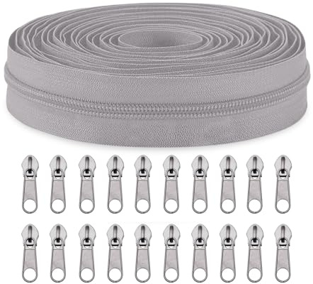 Sawoake #5 Nylon Coil Zippers by The Yard Bulk 10 Yards with 20pcs Zipper Sliders for DIY Sewing Tailor Craft Bag Garment Home Textile…(StoneGrey)