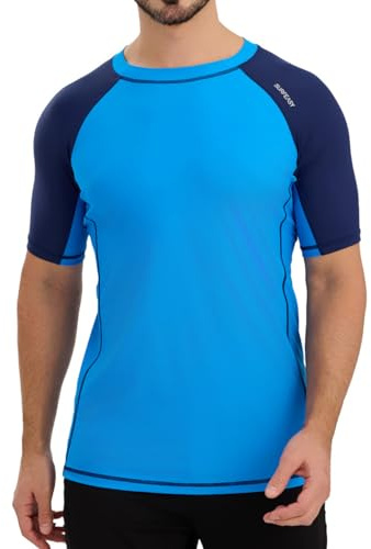 SURFEASY Men's Rash Vest Swim Shirts, Sun Protection Short Sleeve Quick Drying Rash Guard Base Layer Snorkeling Swimming Surfing Tops (Royal Blue/Navy,XL)