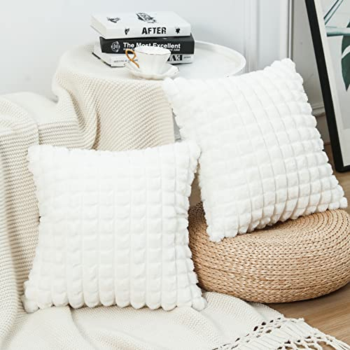 Mandioo 2er Set Super Soft Plüsch Faux Pelz Dekokissen Kissenbezüge 45x45 cm Weiß, Plaid Textur Moderne Luxus Kissenbezug Sofakissen Dekorativ Couchkissen Kissenhülle für Sofa Couch Wohnzimmer