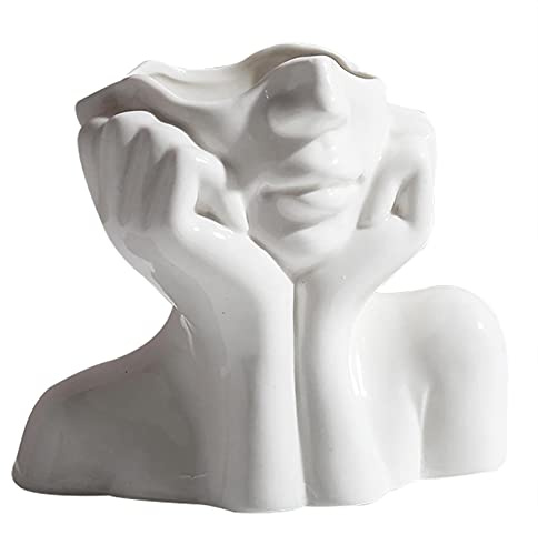Pomurom Cerámica Blanca, 1/2 Piezas Florero Cerámica Jarrón con Forma Cara Mujer, Maceta Escultura Arreglo Flores Secas Jarrón Moderno para Decoración del Hogar Oficina Sala Estar