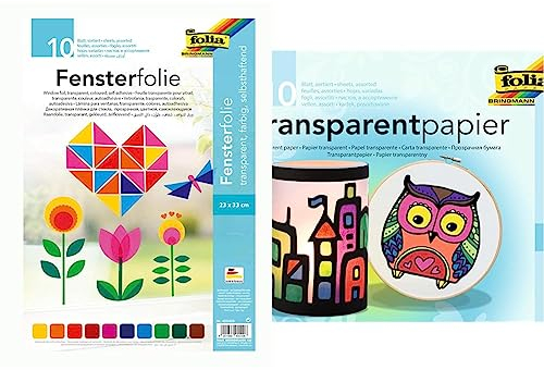 folia 455409 - Fensterfolie & 888 - Transparentpapier im Heft, Drachenpapier, ca. 20 x 30 cm, 10 Blatt Sortiert in 10 Farben, 42 g/qm, durchschimmernd, zum Basteln von Windlichtern, Laternen