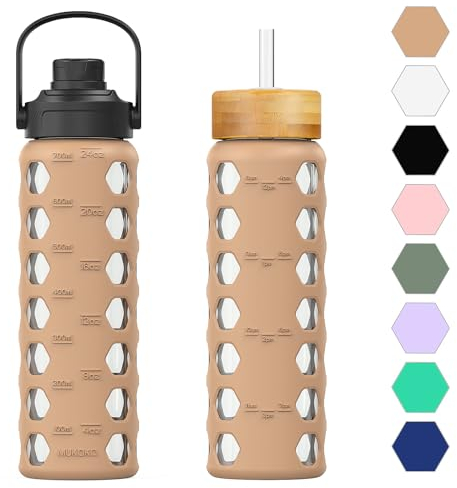 HYDRAGLAZIC 700ML Glass Water Bottle with 2 Flip and Bamboo Straw Lids Sports Water Tumbler with Time Reminder and Silicone Sleeve Leak-proof BPA Free, Amber