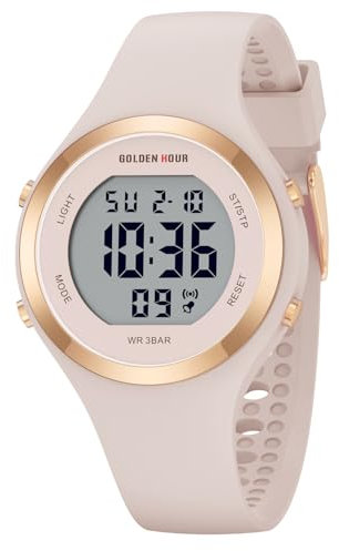 GOLDEN HOUR Digital Uhr Damen 5ATM Wasserdichte Sport Chronograph mit Silikonarmband - Sportlich Elegant mit Datum, Leuchtend Leicht ablesbares Zifferblatt