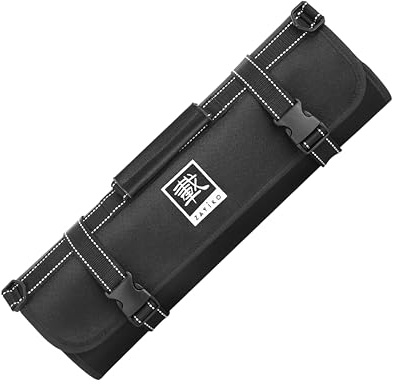 zayiko Messertasche Kochmesserrolle | aus 600D Polyester | mit 13 Fächern für 12 Messer (bis 25 cm) & 1 Schere, Schultergurt & Klingenschutz | für Transport & Aufbewahrung | in Schwarz