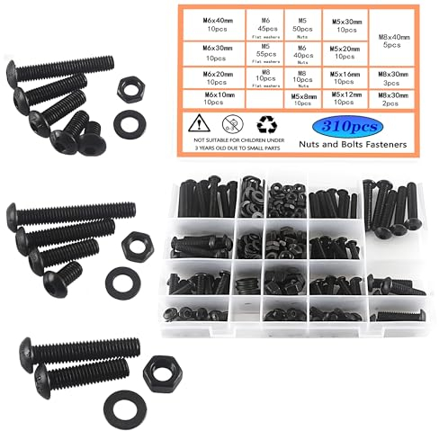 HVDHYY M5 M6 M8 Juego de Pernos De Acero Al Carbono Tornillos de Máquina Negros Tornillos Tuercas y Arandelas Surtido Kit de Cabeza Redonda con Caja Almacenamiento 3 Llaves Inglesas 310pcs