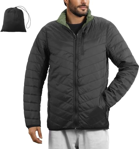 JEMIDI Chaqueta Acolchada Hombre - Plumifero Ultraligero Hombre Reversible - Cazadora Ligera Hombre Impermeable 5 Bolsillos Cremallera - Con Bolsa de Transporte - Negro/Verde