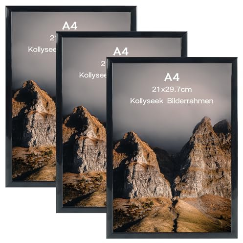 kollyseek Juego de 3 marcos de fotos DIN A4 (21 x 29,7 cm), marco de póster moderno con cristales acrílicos resistentes a los arañazos, para montaje en pared horizontal o vertical (negro)