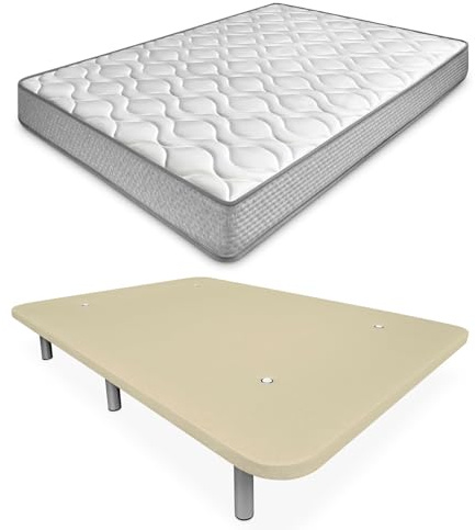 amuéblate Online - Cama Completa con Colchón Carla Reversible + Base Tapizada Extra Reforzada con 6 Patas Cilíndricas Metálicas Roscadas, 150 x 190, Beige