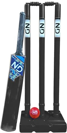 ND Sports Cricket Set, Plastic Cricket Bat, 3 Cricket Stumps with Base & Cricket Ball | Lightweight Durable Cricket Kit for Indoor & Outdoor Garden Games