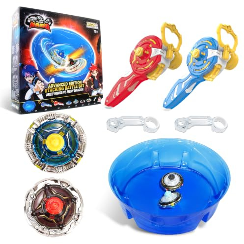 INFINITY NADO Peonzas con Arena para Niños de Juguete de Metal, Peonzas con 2 lanzadores magnéticos Ares' Wings vs Fiery Dragon, Juguete para niñas 5 6 7 8 9 10 11 12 Años, Red Green