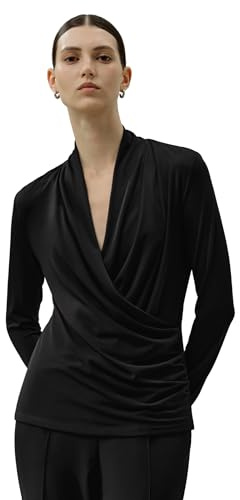 LilySilk Womens Silk Breeze Jersey Ladies Soft and Stretch Long Sleeves Blouse with V Neck and Wrap Style for Everyday Wear(Black,M)