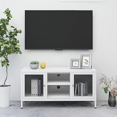 BOWEKAM TV Cabinet White 105x35x52 cm Steel and Glass-Furniture,Entertainment Centres & TV Stands