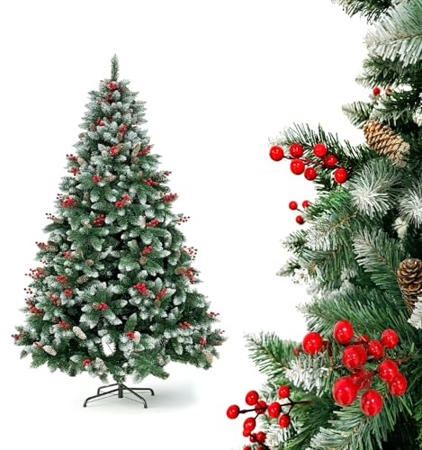 YOUDENOVA Premium julgran konstgjord med snö, konstgjord julgran, 150 cm, julgran med Ilex grankottar, snöträd, konst, julgran