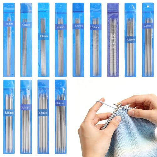 Juego de Agujas de Tejer de 15cm, 65 piezas de Agujas de Tejer de Acero Inoxidable de Doble Punta, para Calcetines y Proyectos Pequeños, 1,5mm - 5,0mm, DPNs Agujas de tejer para Principiantes
