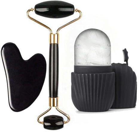 Amexo Kit Rouleau de Massage Visage et Gua Sha Noir - Outil de Soin de Peau Anti-âge, Ice Roller pour le Visage et les Yeux, Pierre Naturelle pour Dégonflement, Réduire les Rides et le Double Menton