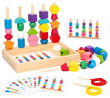 3-in-1 Threading Toys for 2 Year Old, Fine Motor Skills Toys Montessori | Wooden Lacing Beads & Stacking Blocks Set - Sorting Matching Game for Toddlers 2-5, Ideal Gifts for 2 Year Old Boy Girl