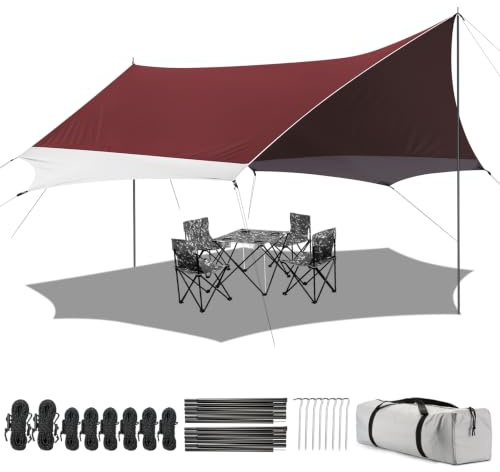 Toldo de Camping con 2 Postes, 4,6 x 5,2 m, toldo Impermeable PU2000+, UPF 50+, Revestimiento Plateado, Lona Impermeable con Ojales para Camping, mochileros, Senderismo