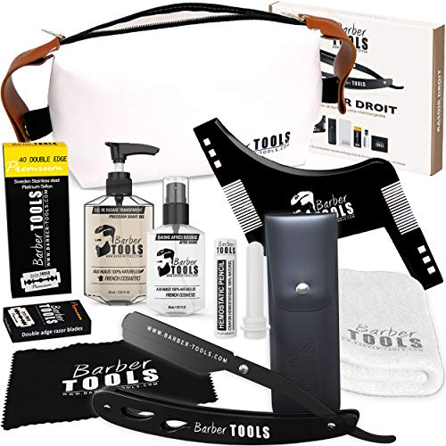 Kit Rasoir barbe homme/coupe choux barbe - avec 50 Lames Simples + Peigne guide + Gel de rasage transparent 80ml + Après rasage 30ml + Stick d'alun + Grand sac -NOIR- BARBER TOOLS