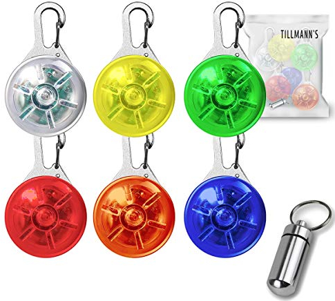 O³ Leuchtanhänger, 6 Stück, Sicherheitsclip mit 3 Leuchtmodi, Blinklicht Schulranzen, Kinder, Hunde, Katzen, Jogger, Camper, Adressanhänger gratis