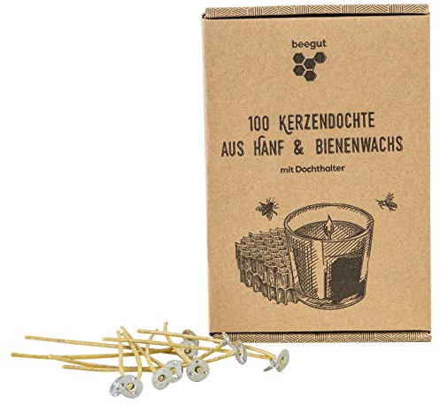 beegut 100 nachhaltige Kerzendochte aus nachwachsendem Hanf & natürlichem Bienenwachs, ohne Paraffin, Kerzendocht 10cm mit praktischem Dochthalter