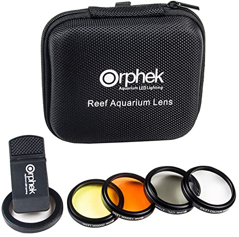 Orphek Coral Lens – Kit per tutti gli smartphone – 4 lenti incluse: Macro, CPL 37mm polarizzato, 15.000k arancione, 20.000k giallo – Clip universale per telefono – Per una migliore fotografia