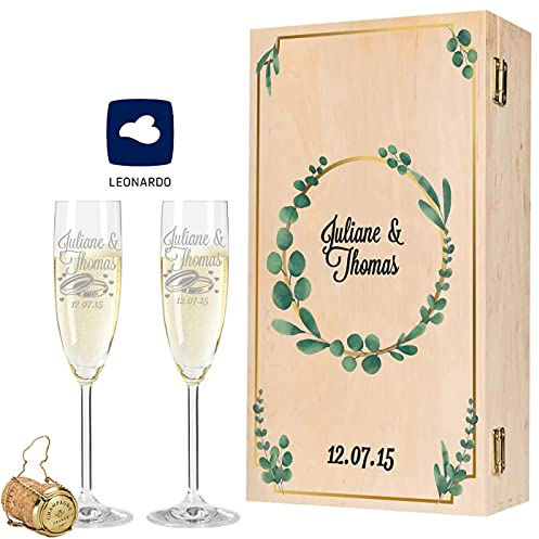 GRAVURZEILE Leonardo - Juego de copas de champán con diseño de eucalipto, grabado con nombre y fecha, incluye caja de madera vintage, regalo para novios para bodas, compromisos y aniversarios
