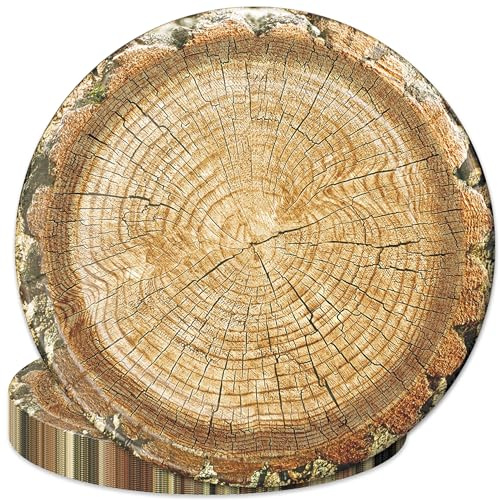 Havercamp 24 Pack 10in Wood Grain Disposable Plates for Lumberjack Party, Wood Look Tableware
