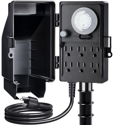 SURAIELEC Outdoor Power Stake, 24-Hour Mechanical Light Timer, Electrical Power Strip Weatherproof, 6FT Extension Cord Multiple Outlets Plug for Patio Lights, Halloween Decorations. Outdoor Light