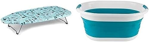 Beldray LA023735SEW Table Top & Desk Ironing Board, 73 x 31cm + Beldray LA034816TQ Strong Oval Collapsible Laundry Basket with Durable Plastic Handles, 37 Litre Capacity, Turquoise