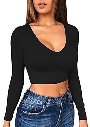 TOEECY Crop Top Sexy Mujer Camiseta de Manga Larga Profundo Cuello en V Corto Básica Camisa de Fondo Casual Slim Tops Elasticidad Color Sólido Jersey Pullover (Negro,M)