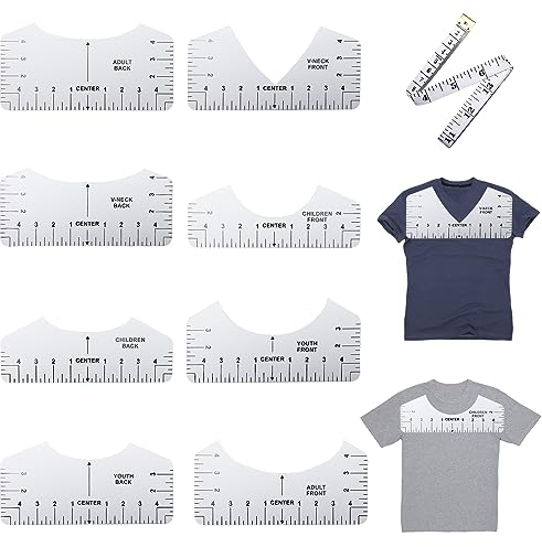 8 Stück T-Shirt Zentrierung Werkzeug, T-Shirt Ausrichtungslineal PVC, Weiß T-Shirt Ausrichtung Lineal und ein 1.5m Maßband für Erwachsene Jugend und Kinder