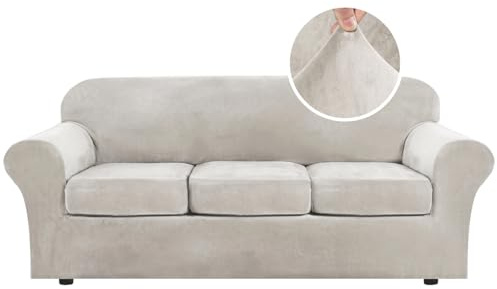 H.VERSAILTEX Modern Velvet Plush 4 Piece High Stretch Sofa Slipcover Sofa Cover Furniture Protector Form Fit Luxury Thick Velvet Sofa Cover for 3 Cushion Couch Width Up to 90 Inch (Sofa, Oatmeal)