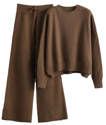 tinetill Completo da jogging causale in 2 pezzi da donna completo da salotto maglione lavorato a maglia pantaloni a gamba larga completo sportivo tuta da ginnastica set da casa alla moda